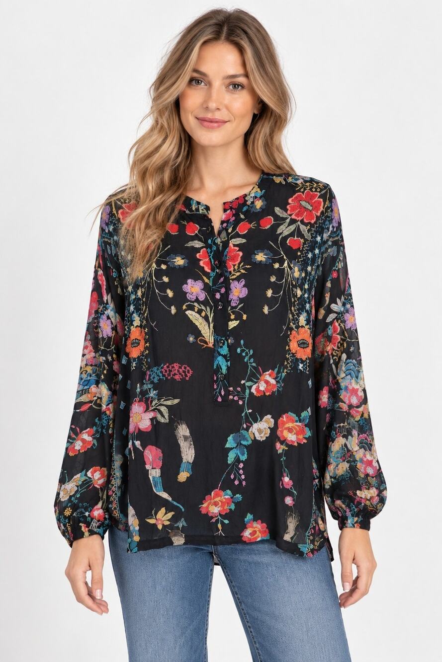 Johnny Was Black Floral Embroidered Long Sleeve Top XS
